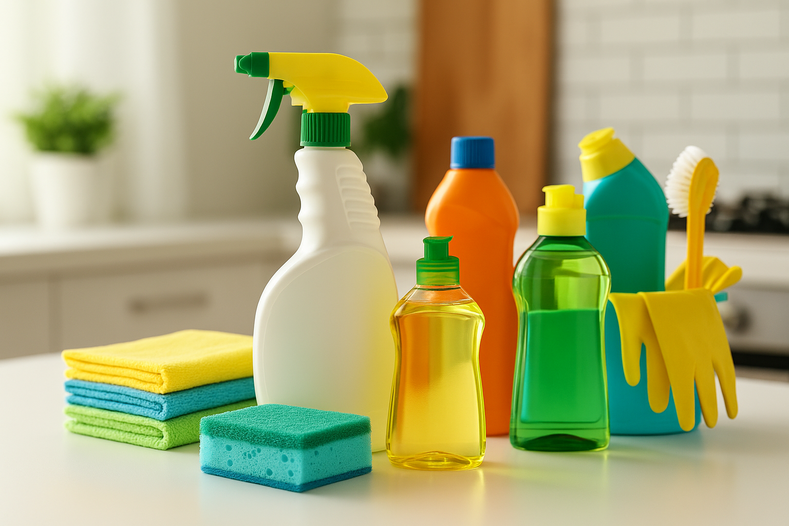 חומרי ניקוי לבית מבית סנונית – בקבוקי ניקוי צבעוניים, סמרטוטים ומטליות על משטח מטבח נקי ומואר, משדרים רעננות וניקיון.